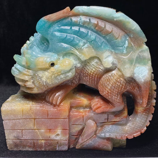 Exquisite Amazonite Dragon with Quartz, Pyrite Crystals, 120mm Tall, 1228g (Blue, Green, Yellow, Orange, White)