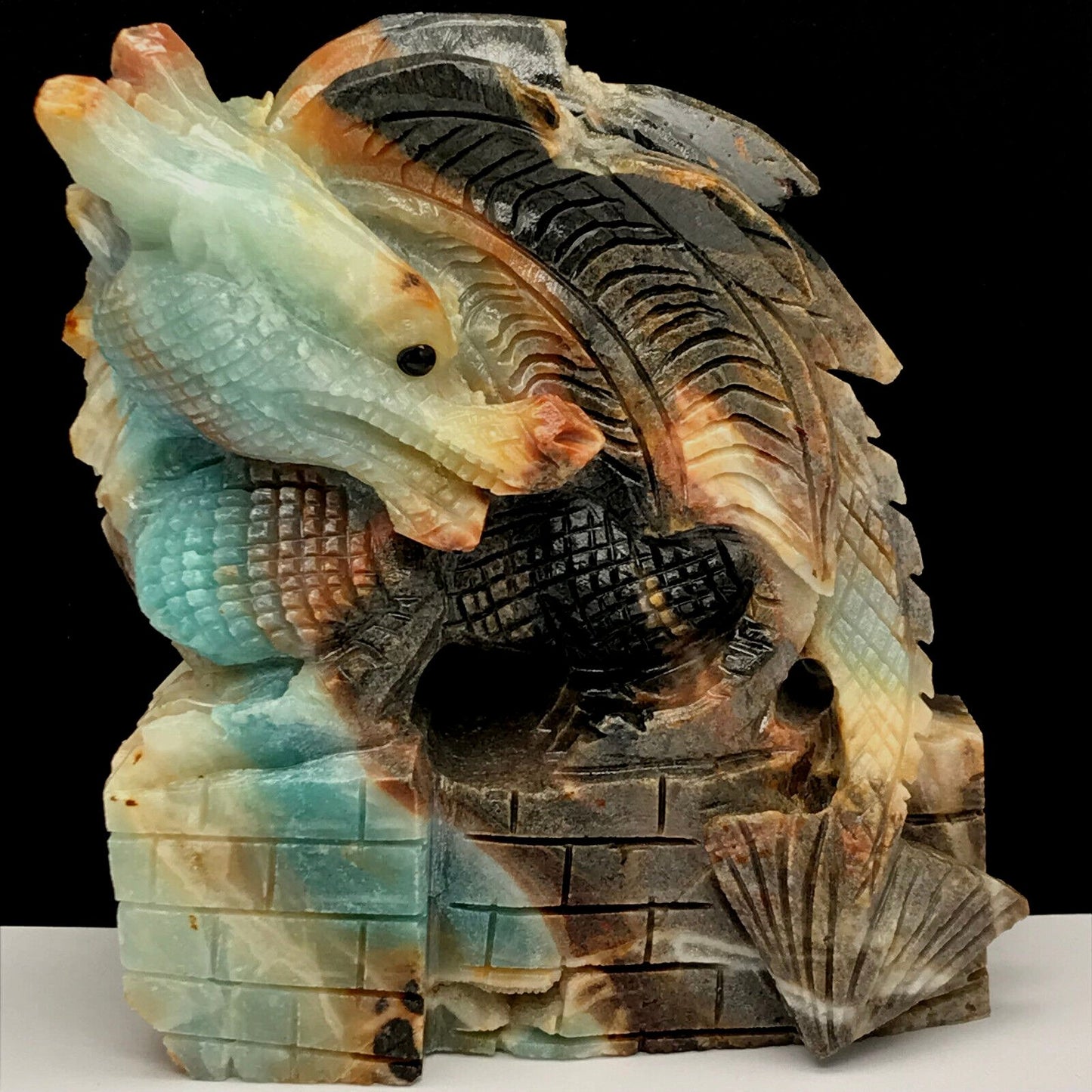 Precious Amazonite Dragon with Quartz Crystals, 115mm Tall, 763g (Blue, Green, Yellow, Orange, Red, Brown, Black)