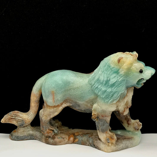 Exquisite Amazonite Lion with Geodic Quartz, Pyrite Crystals, 102mm Tall, 643g (Green, Orange, White)