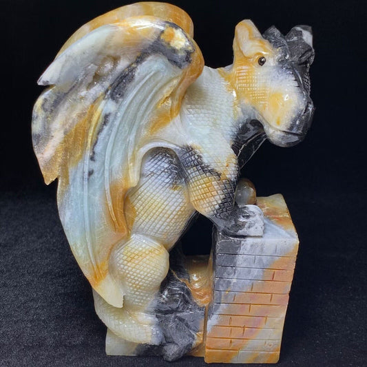 Exquisite Amazonite Castle Dragon with Geodic Quartz Fissure Crystals, 143mm Tall, 927g (Blue, Orange, Red)