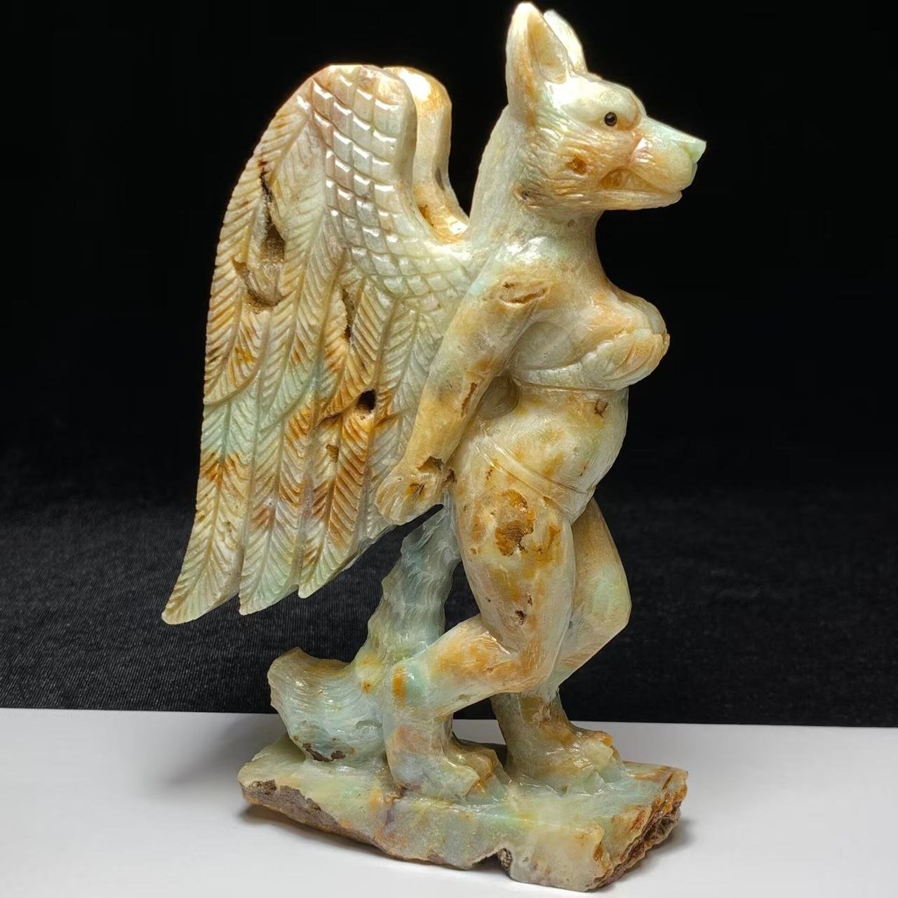 Stunning Amazonite Winged Werewolf with Geodic Quartz Crystals, 156mm Tall, 486g (Yellow, Blue, White)