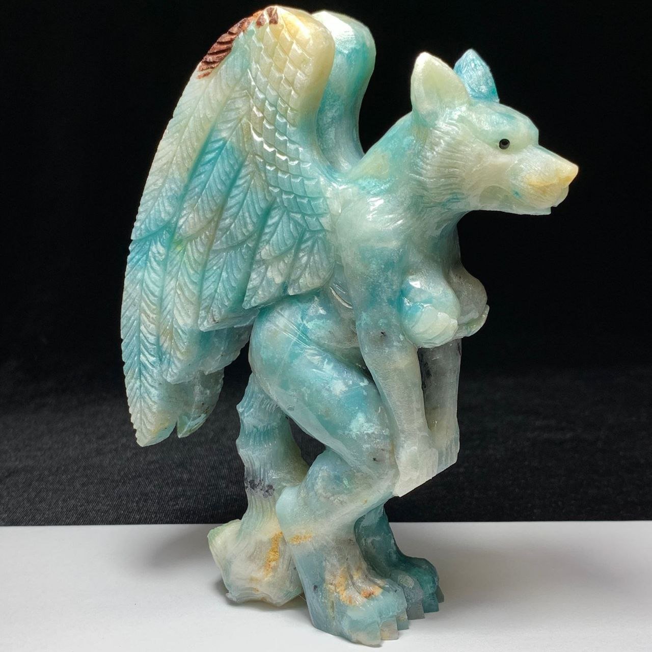 Precious Amazonite Winged Werewolf with Geodic Quartz Crystals, 128mm Tall, 426g (Blue, White, Yellow)