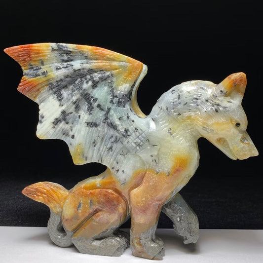 Precious Amazonite Bat Wings Winged Wolf, 113mm Tall, 394g (Orange, Yellow, Blue)