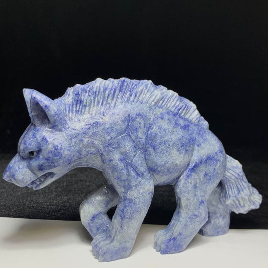 Precious Blue Aventurine Striped Striped Hyena, 91mm Tall, 335g (Blue, Gray)