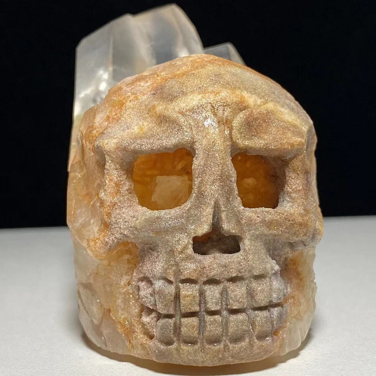 Unusual Stone Skull Human Skull with Quartz Crystals, 70mm Tall, 282g (Yellow, Orange, Clear)