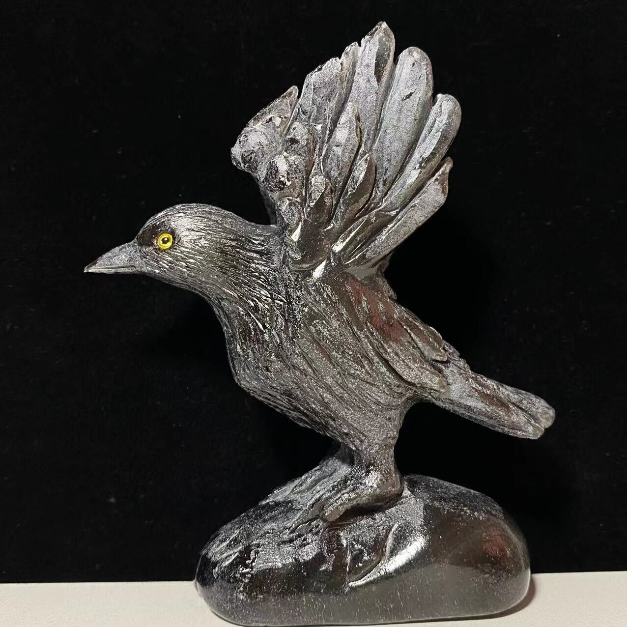 Stunning Gold Obsidian Crow, 118mm Tall, 246g (Black, Gray, Yellow)