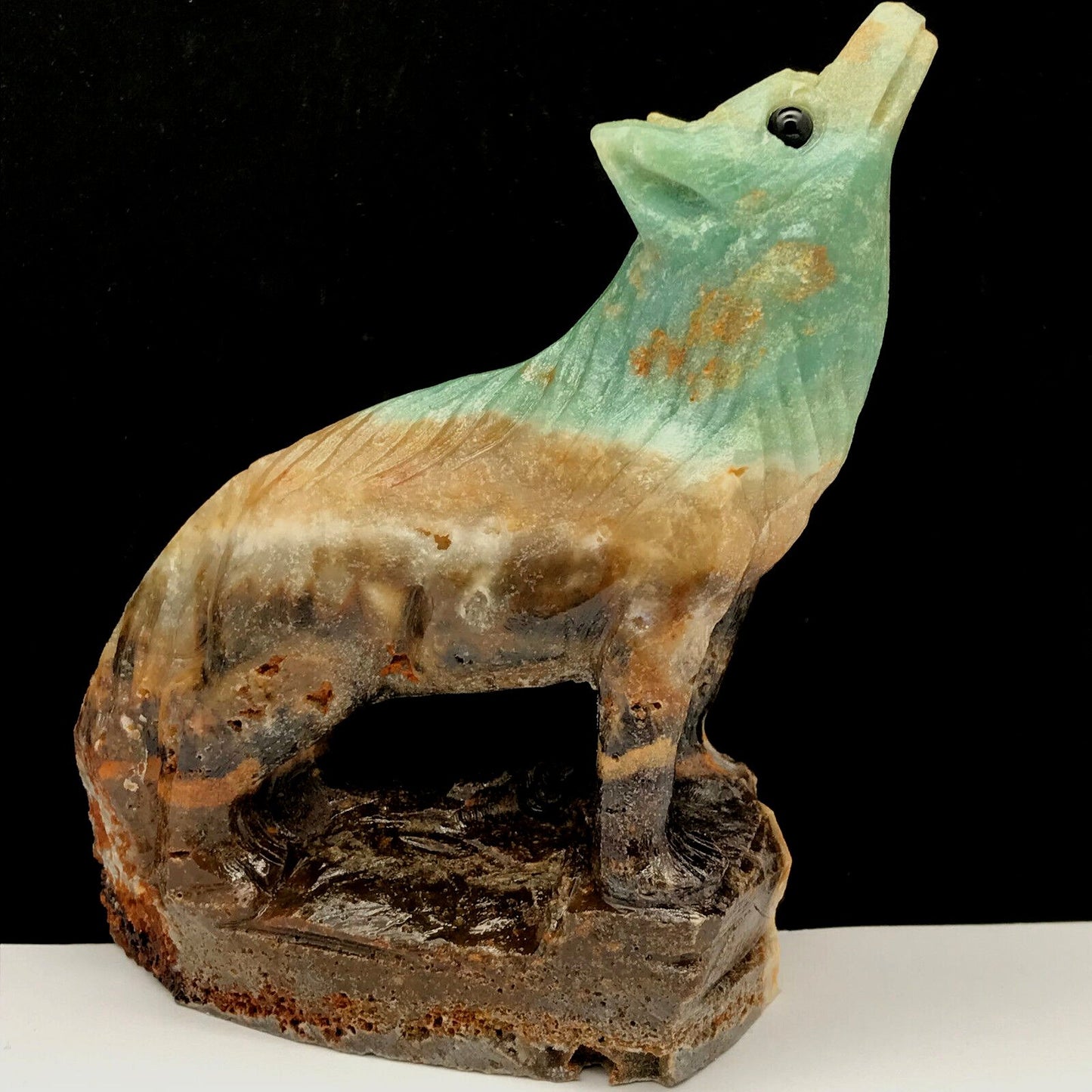 Stunning Amazonite Howling Wolf with Geodic Quartz Crystals, 107mm Tall, 299g (Blue, Green, Brown)