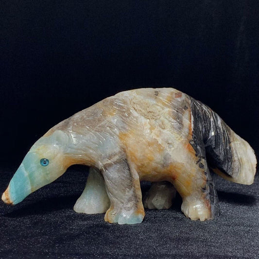 Stunning Amazonite Anteater with Geodic Quartz Crystals, 74mm Tall, 442g (Blue, Gree, White, Black, Brown)