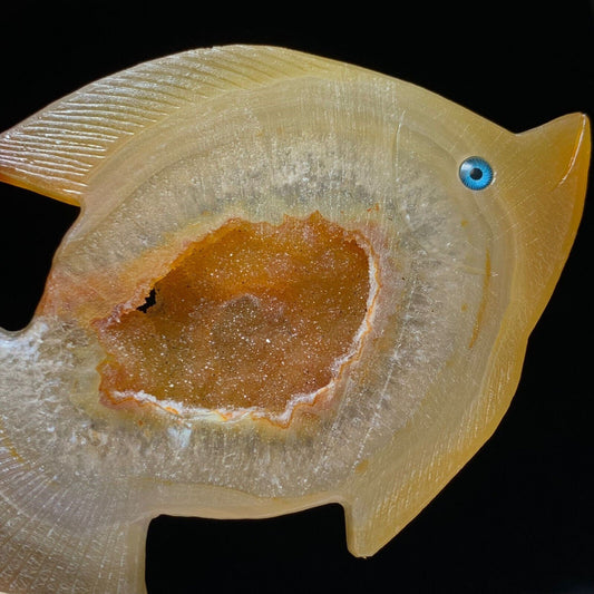 Precious Agate Fish with Quartz Crystals, 95mm Tall, 226g (Yellow, White, Blue)