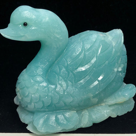 Precious Amazonite Horn Billed Goose with Geodic Quartz Crystals, 52mm Tall, 325g (Blue, Green)