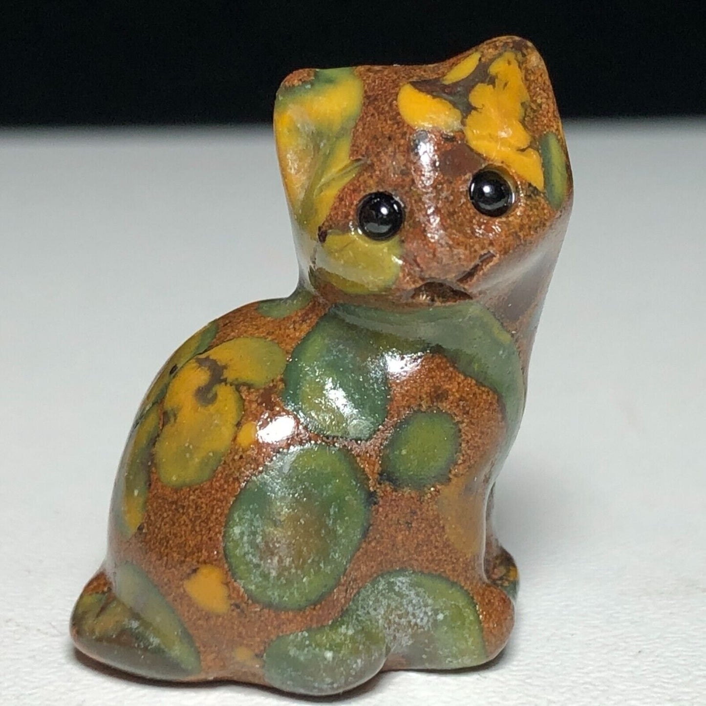 Unusual Bamboo Leaf Jasper Side Cat, 30mm Tall, 16g (Brown, Green, Yellow)