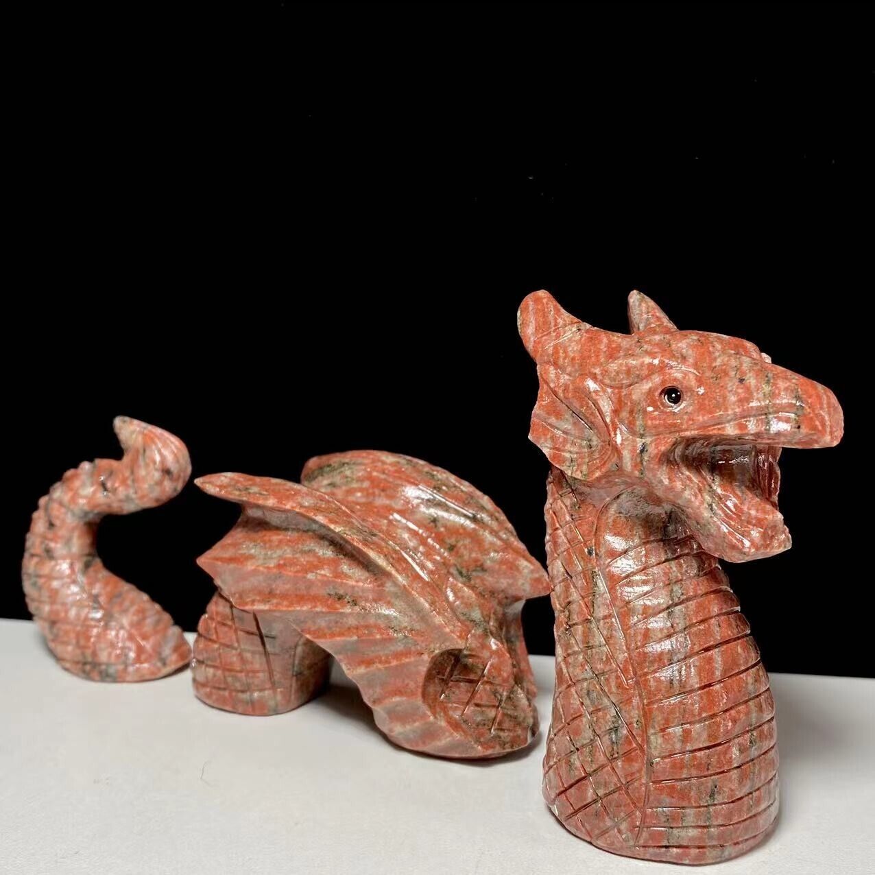 Rare Red Seseme Jasper Sea Serpent, 82mm Tall, 332g (Red, Orange, Gray)