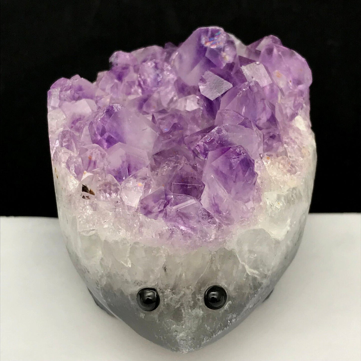 Rare Agate Hedgehog with Amethyst Crystals, 45mm Tall, 163g (Purple, White, Gray, Rainbow)