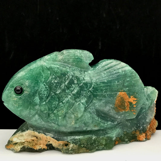 Stunning Chrysoprase Fish with Inclusive Crystals, 50mm Tall, 198g (Green, Orange, White)