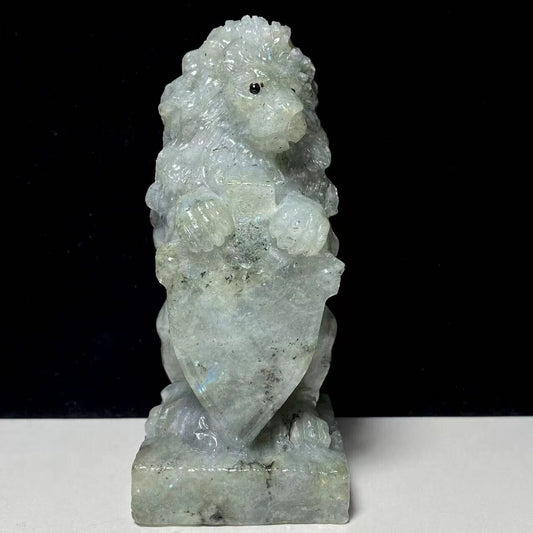 Unusual Albite Moonstone Lion with Solid Crystals, 100mm Tall, 302g (Gray, Black, Rainbow)