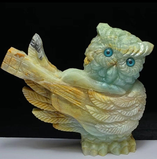 Rare Amazonite Owl Owl, 91mm Tall, 294g (Green, Blue, Yellow)