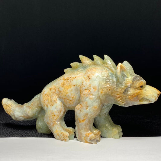 Stunning Amazonite Dire Wolf with Geodic Quartz & Quartz Inclusion Crystals, 85mm Tall, 440g (Blue, Green, Yellow, Orange, White)