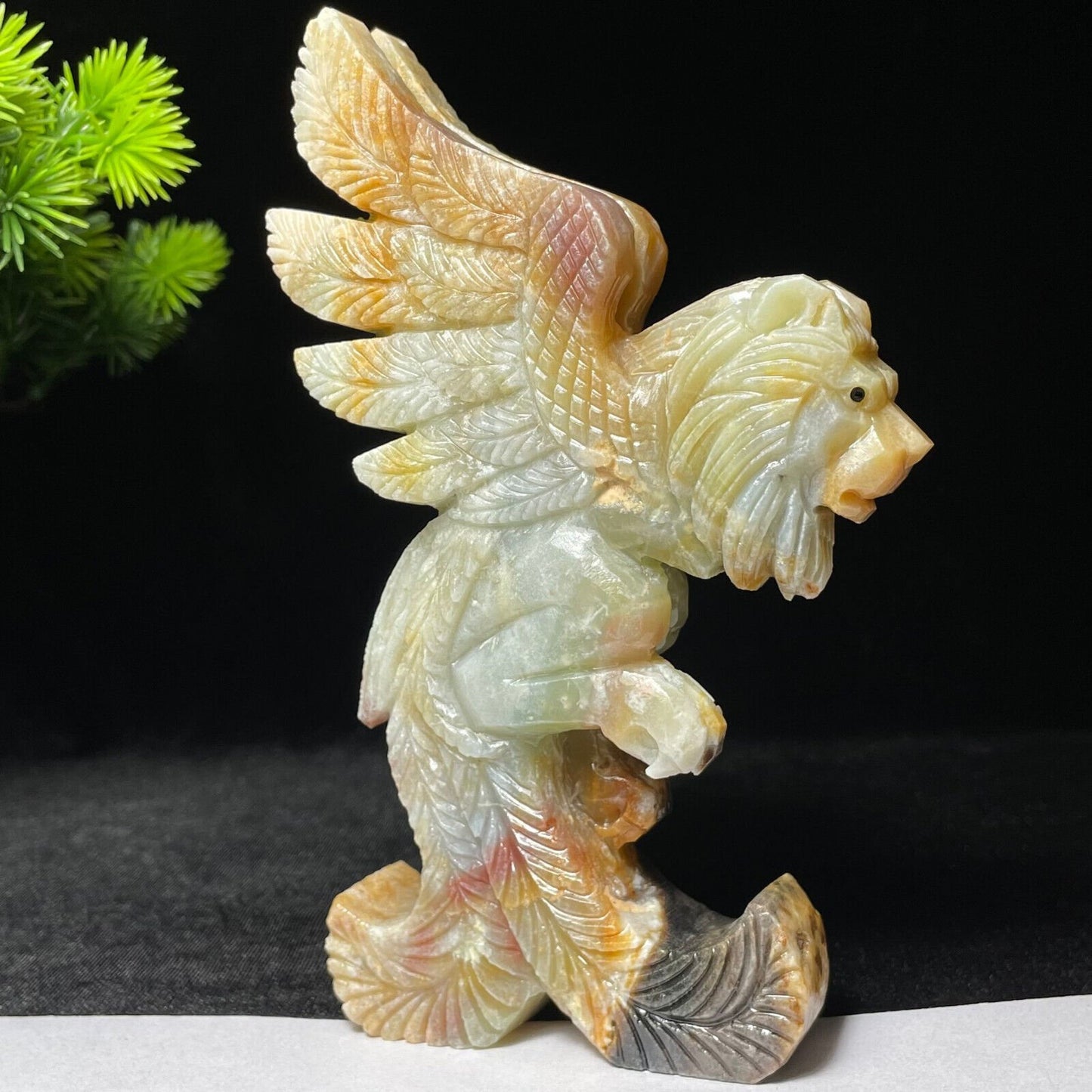 Stunning Amazonite Winged Lion Winged Lion with Geodic Quartz Crystals, 144mm Tall, 337g (White, Brown, Yellow)