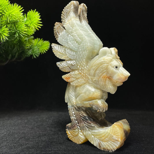 Stunning Amazonite Winged Lion with Geodic Quartz Crystals, 143mm Tall, 372g (Yellow, Blue, Brown)