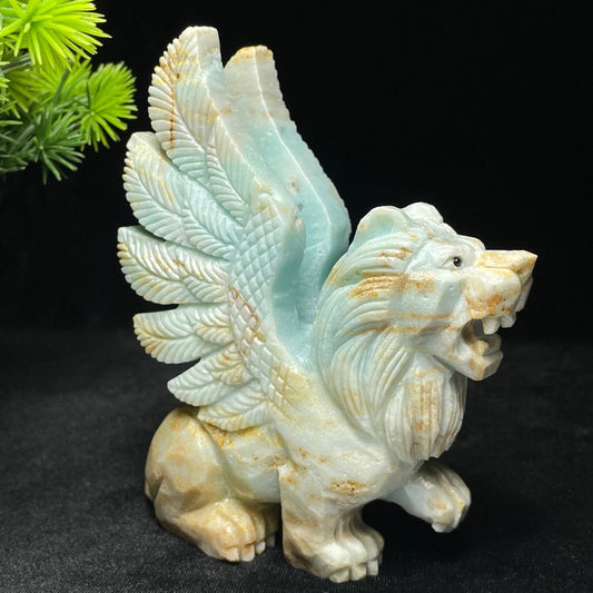 Stunning Amazonite Winged Lion with Geodic Quartz Crystals, 122mm Tall, 449g (Blue, Green, Yellow, Orange)