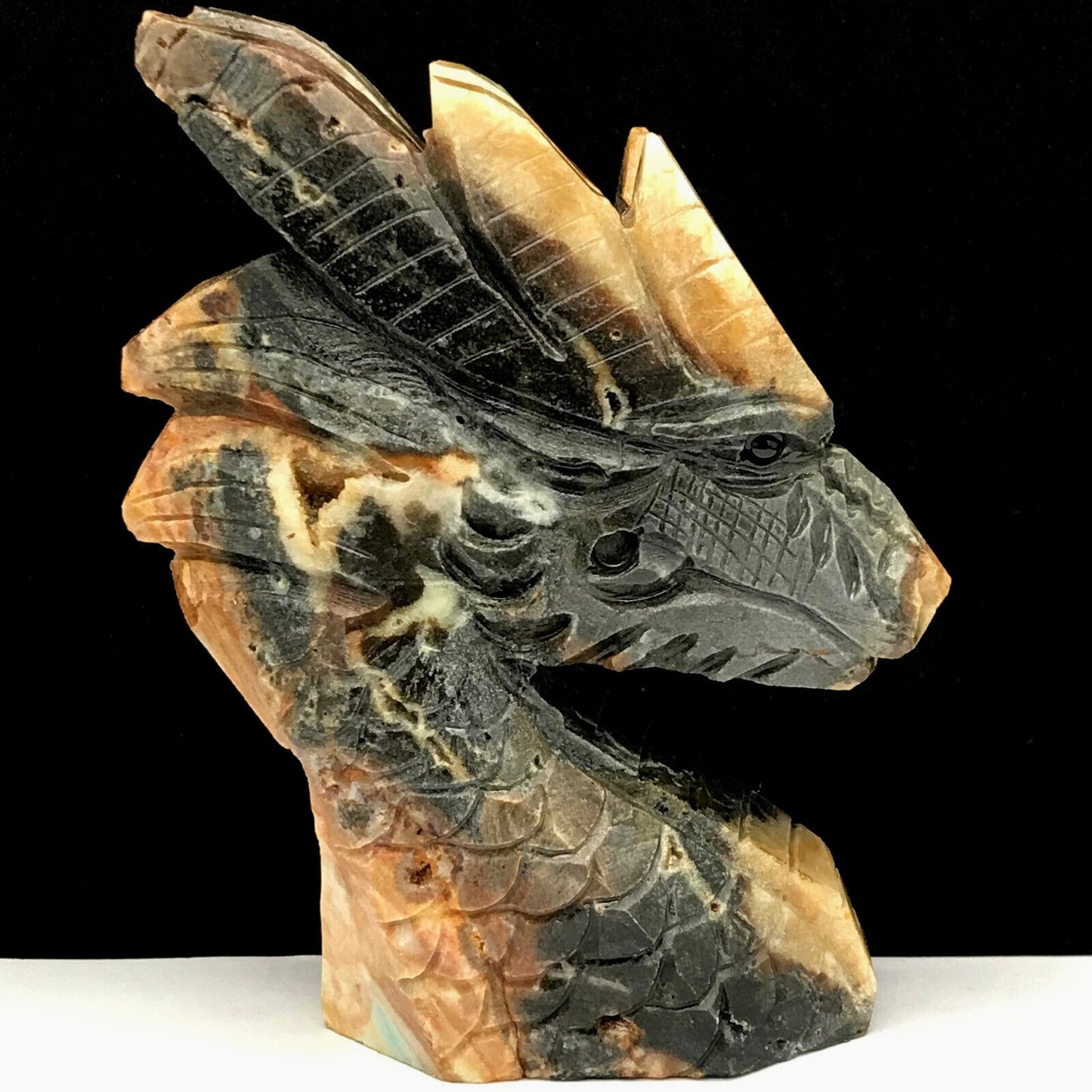 Stunning Amazonite Dragon with Geodic Quartz, Pyrite Crystals, 115mm Tall, 476g (Yellow, Orange, Black, Brown)