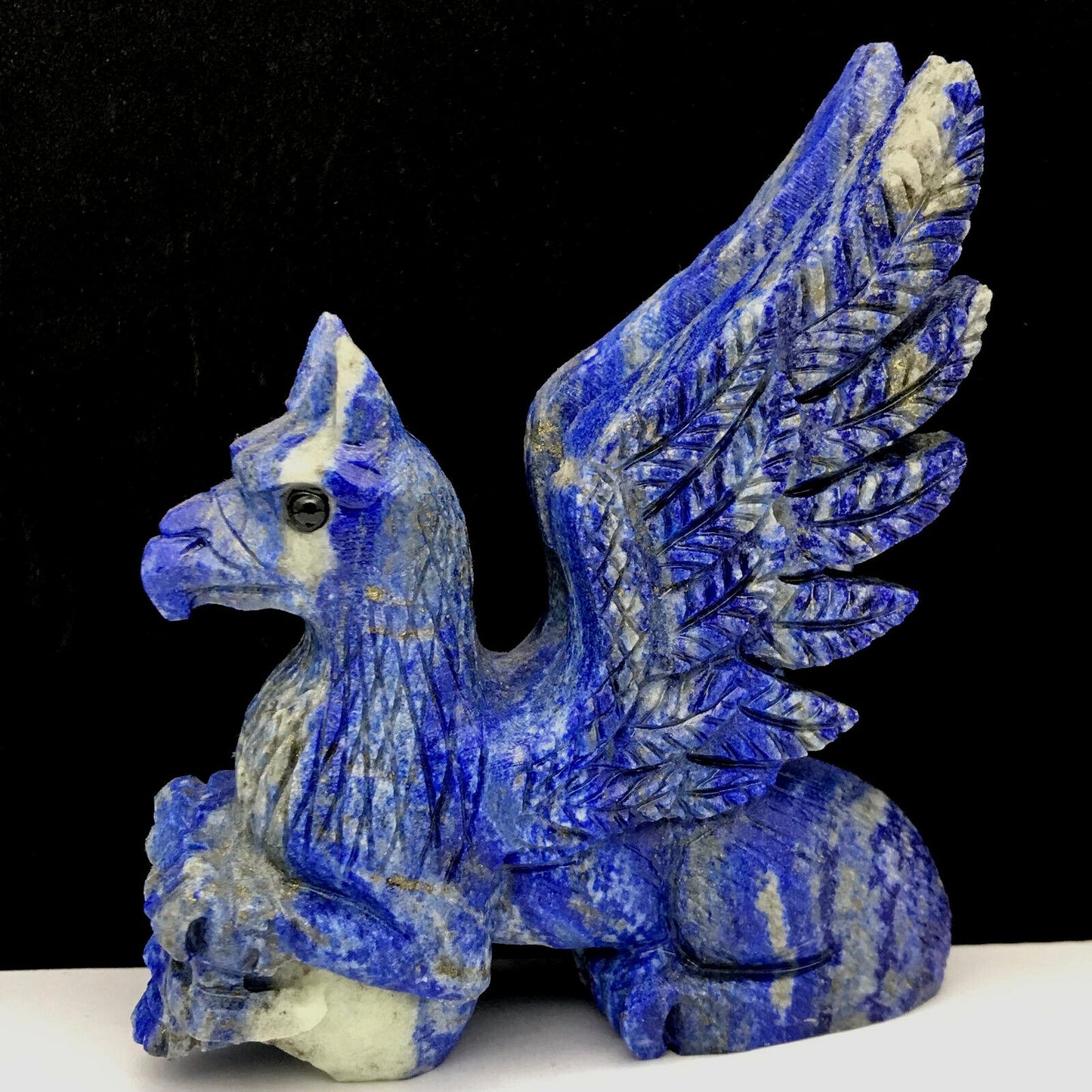 Stunning Lapis Lazuli Skull Gryphon with Pyrite Crystals, 97mm Tall, 284g (Blue, Gray, White)