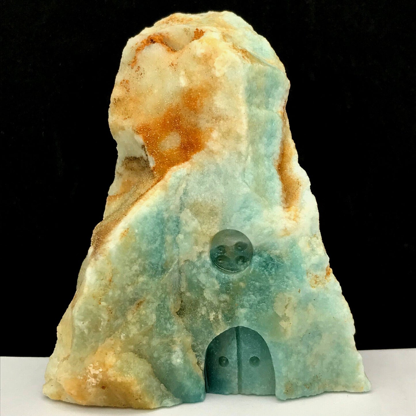 Unusual Amazonite House with Druzy Quartz Crystals, 76mm Tall, 237g (Blue, Green, Orange, Yellow)