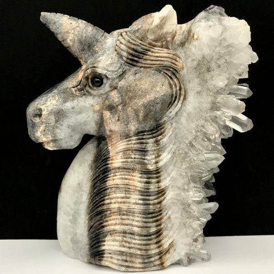 Rare Stone Unicorn with Quartz Crystals, 107mm Tall, 497g (Gray, White, Brown)
