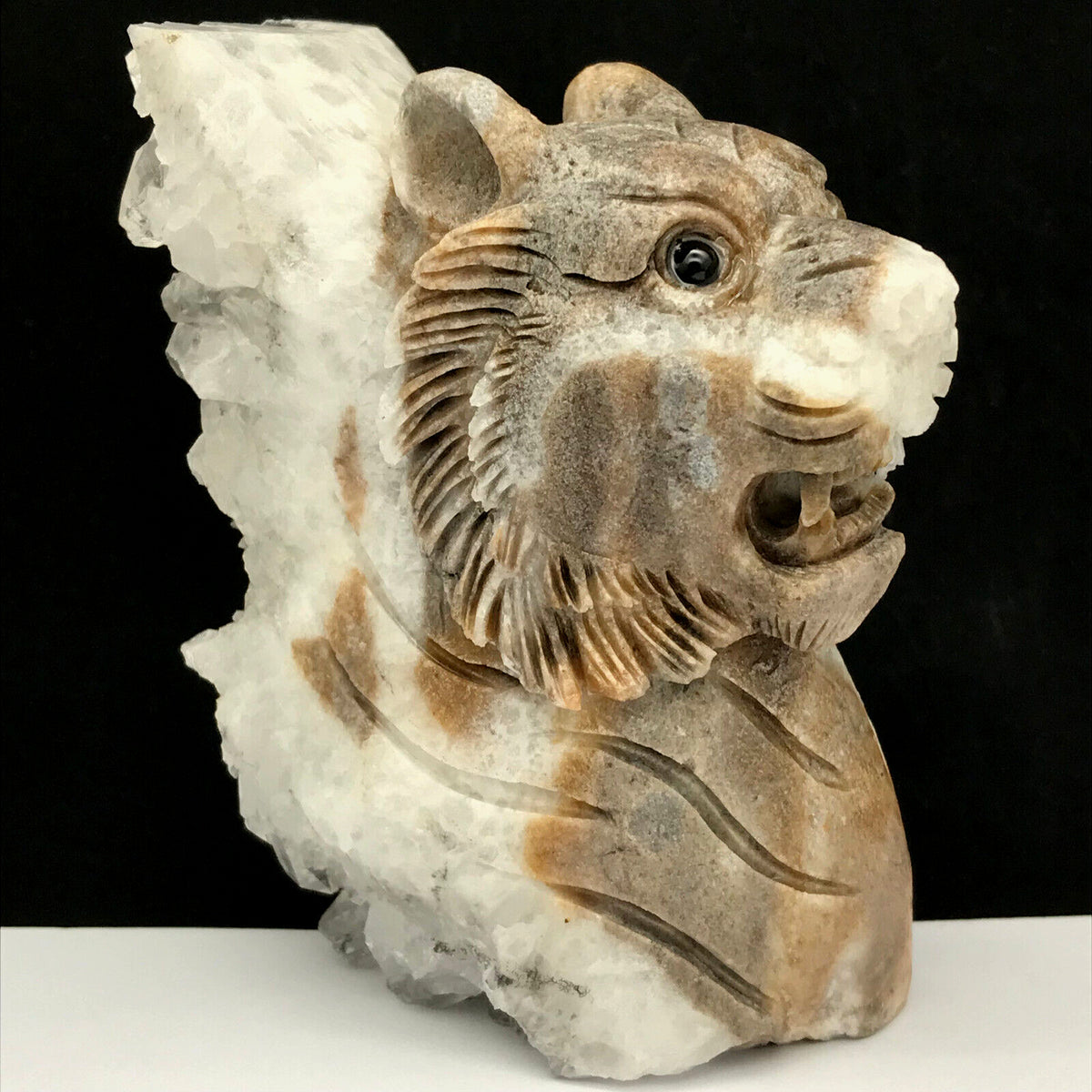 Unusual Stone Tiger with Quartz Crystals, 92mm Tall, 442g (White, Gray, Brown)