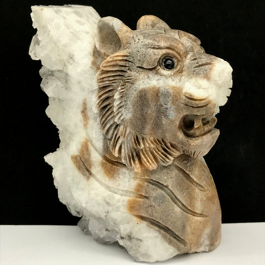 Unusual Stone Tiger with Quartz Crystals, 92mm Tall, 442g (White, Gray, Brown)