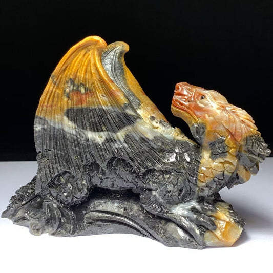 Stunning Amazonite Dragon with Geodic Quartz Crystals, 97mm Tall, 489g (Orange, Yellow, Brown, Gray)