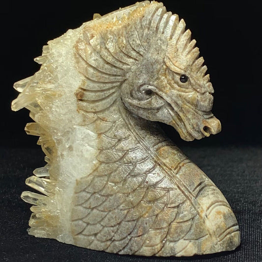 Rare Stone Dragon with Quartz Crystals, 80mm Tall, 288g (Brown, Gray, White)