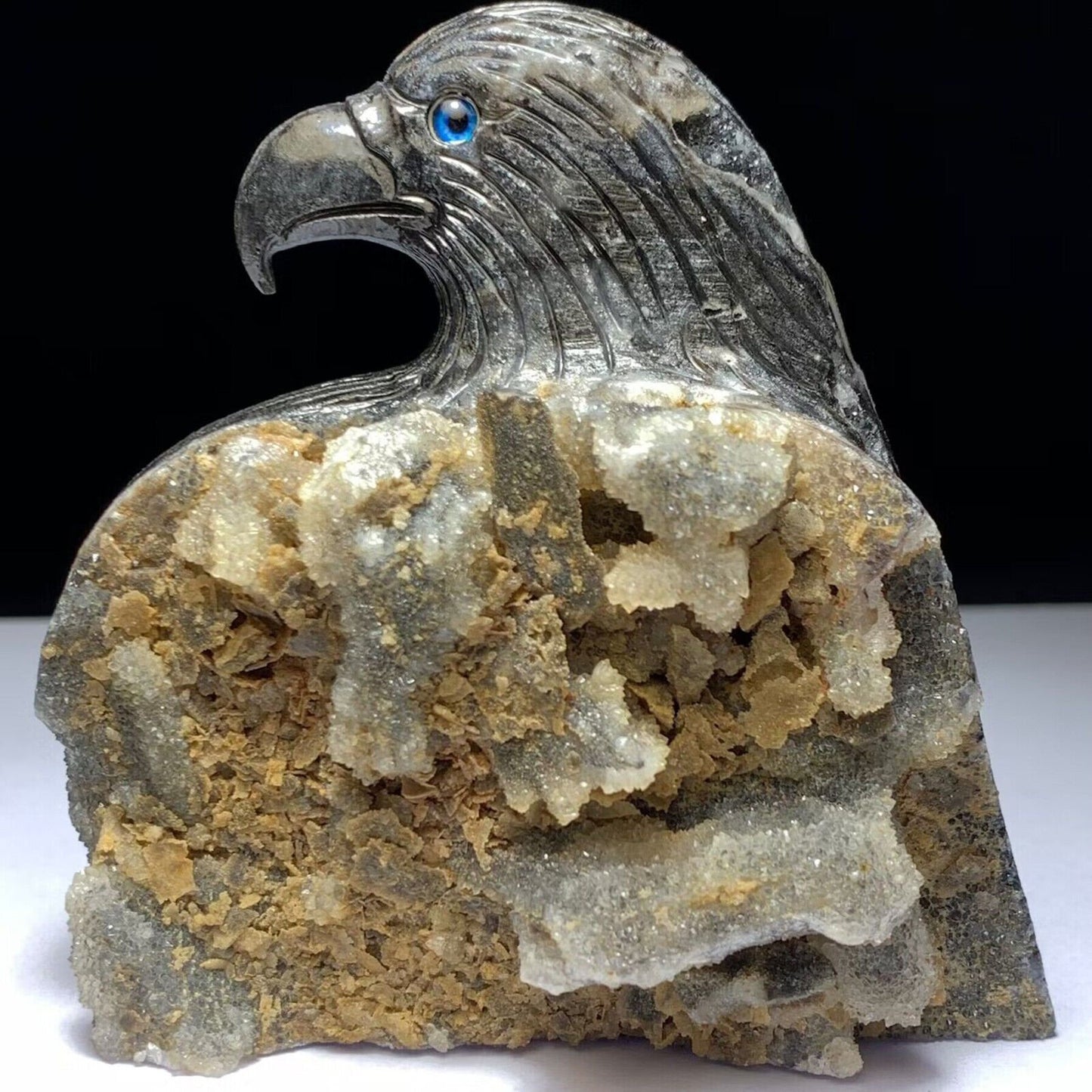 Rare Sphalerite Eagle with Druzy Quartz Crystals, 88mm Tall, 369g (Gray, Black, Brown)