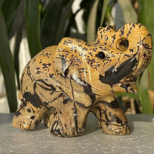 Unusual Dendridic Jasper Elephant, 60mm Tall, 265g (Yellow, Brown, Black)