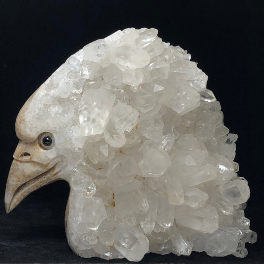 Rare Stone Bird with Quartz Crystals, 85mm Tall, 288g (White, Clear, Brown)