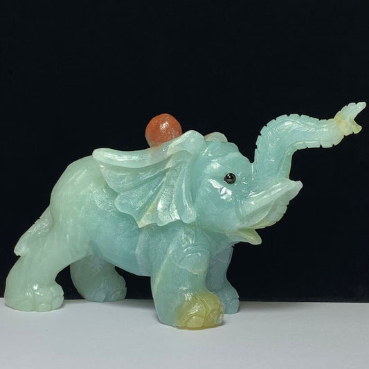 Rare Amazonite Elephant with Geodic Quartz Crystals, 65mm Tall, 211g (Blue, Red, Yellow)