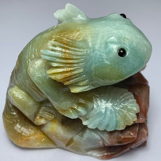 Precious Amazonite Axolotl with Quartz Inclusion Crystals, 53mm Tall, 257g (Blue, Green, Red, Yellow, Orange)