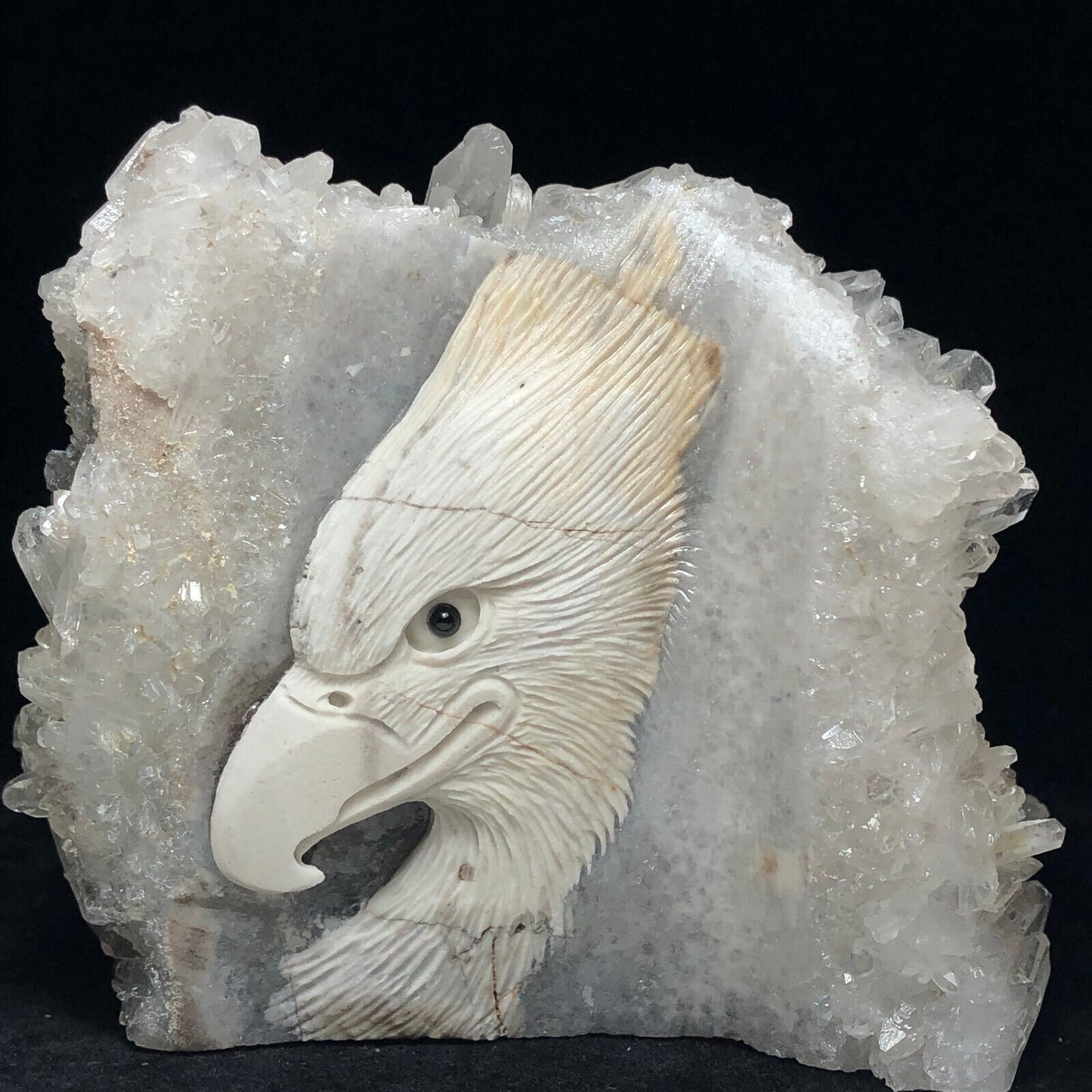 Stunning Stone Eagle with Quartz Crystals, 80mm Tall, 329g (White, Clear, Gray)