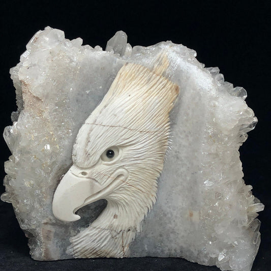 Stunning Stone Eagle with Quartz Crystals, 80mm Tall, 329g (White, Clear, Gray)