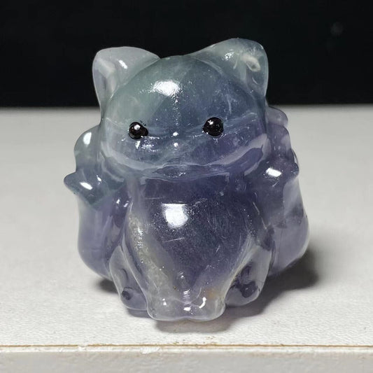 Rare Fluorite Sit Kitsune with Solid Crystals, 32mm Tall, 37g (Purple, Green)