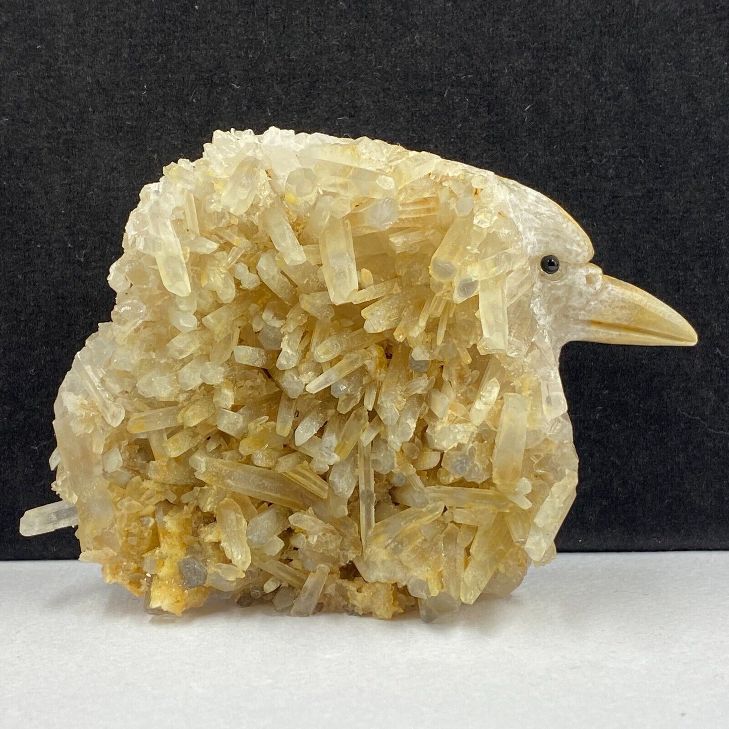 Unusual Stone Bird with Quartz Crystals, 78mm Tall, 349g (Yellow, Orange)
