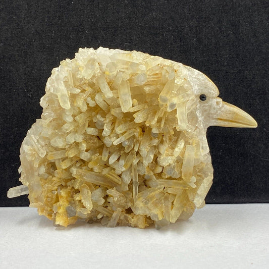 Unusual Stone Bird with Quartz Crystals, 78mm Tall, 349g (Yellow, Orange)