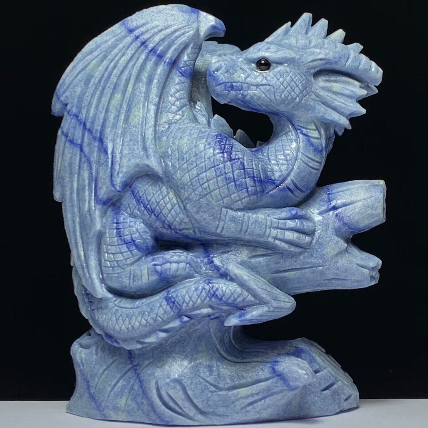 Exquisite Blue Aventurine Dragon with Inclusion Crystals, 110mm Tall, 544g (Blue, Gray)