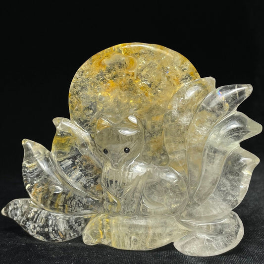 Exquisite Citrine Kitsune with Quartz Crystals, 82mm Tall, 248g (Yellow, White, Clear)