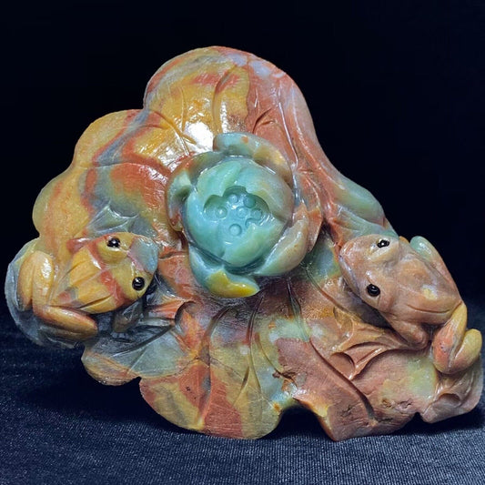 Precious Amazonite Frog with Geodic Quartz Crystals, 130mm Tall, 396g (Red, Orange, Blue, Yellow)