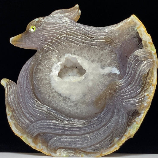 Stunning Agate Kitsune with Quartz Crystals, 101mm Tall, 274g (Purple, Clear, Yellow)