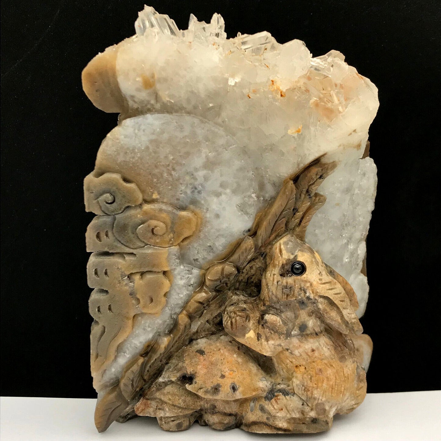 Stunning Stone Rabbit with Quartz Crystals, 134mm Tall, 620g (Clear, Brown, White)