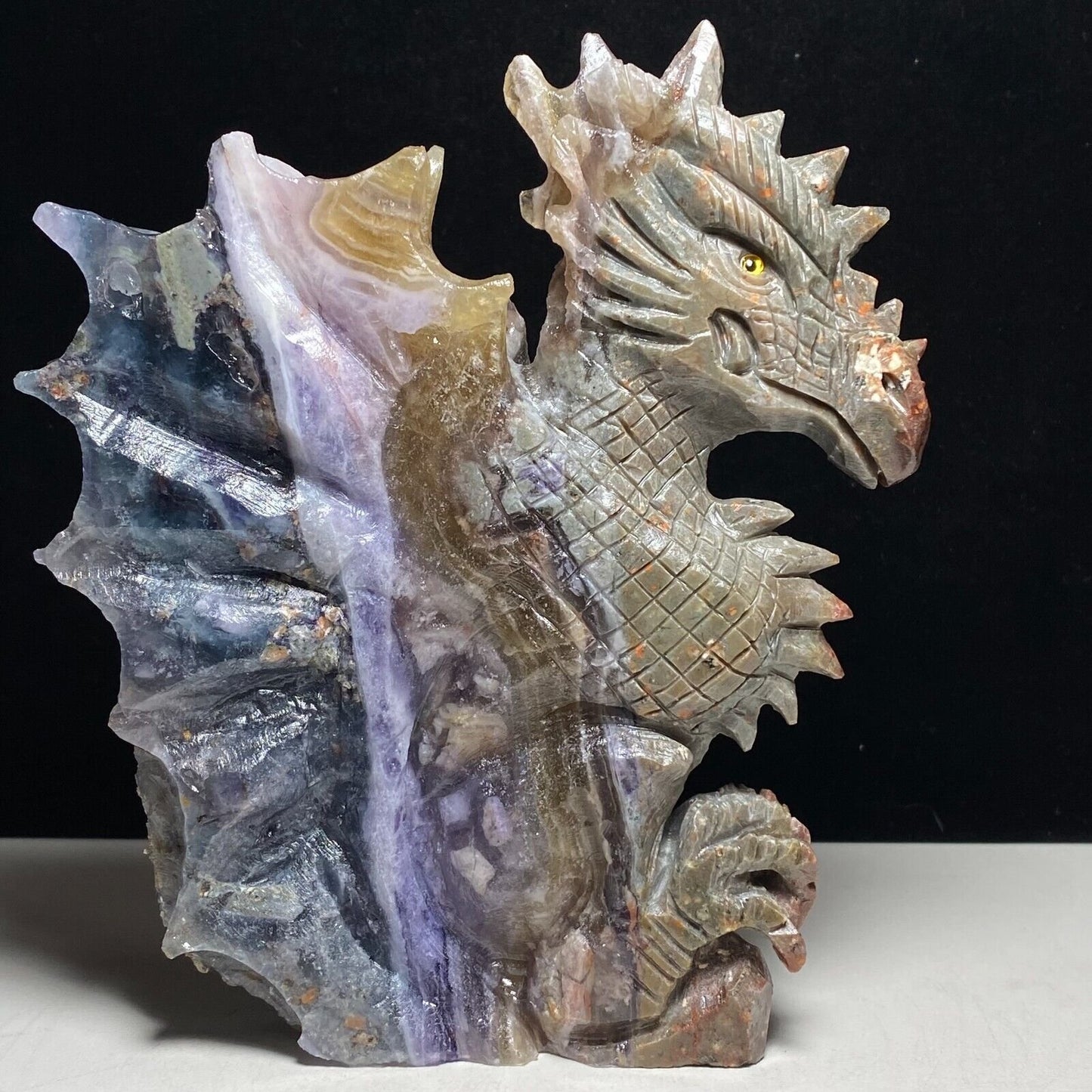 Precious Agate Dragon with Quartz Crystals, 139mm Tall, 451g (Purple, Clear)