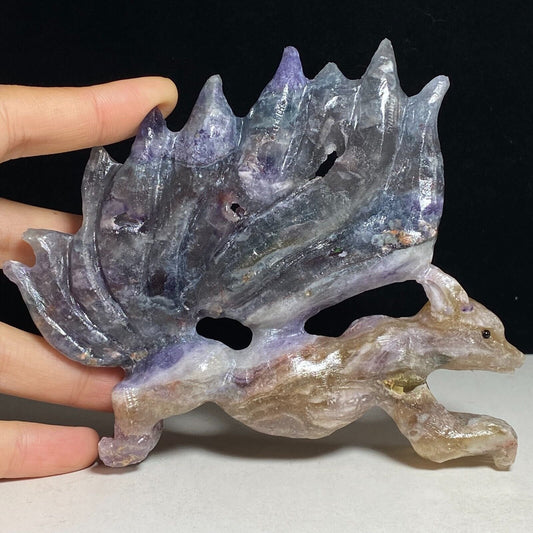 Precious Agate Kitsune with Quartz Crystals, 98mm Tall, 224g (Purple, Clear)