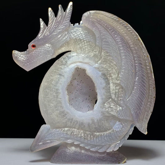 Stunning Agate Dragon with Quartz Crystals, 134mm Tall, 322g (Purple, Clear)